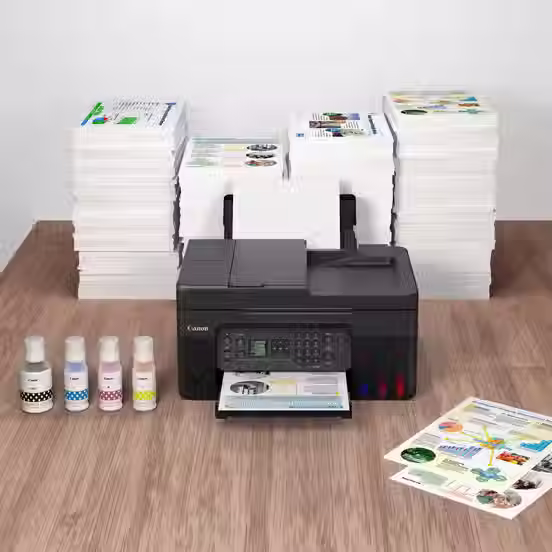 Canon PIXMA G4470 printer on a modern desk, blending seamlessly into a stylish home office environment