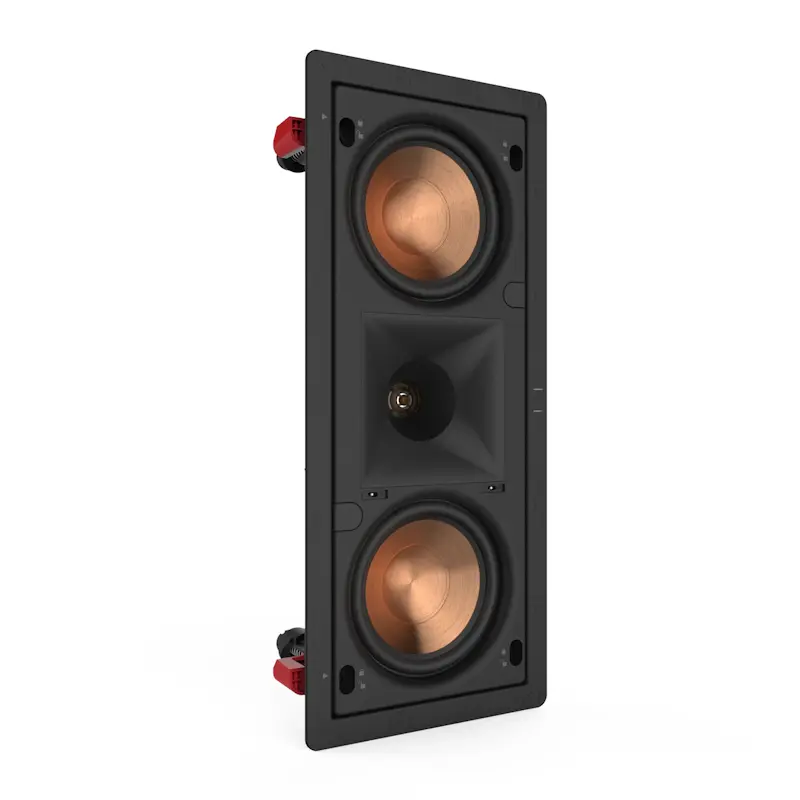 Klipsch PRO-250RPW LCR in-wall speaker angled view with dual 5.25 inch Cerametallic woofers and titanium tweeter for LCR home