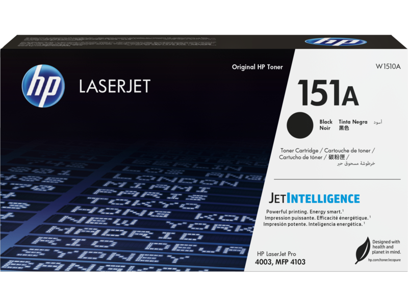 ackaging of the original HP 151A Black LaserJet Toner Cartridge (W1510A), designed for HP LaserJet Pro 4003 and MFP 4103 prin