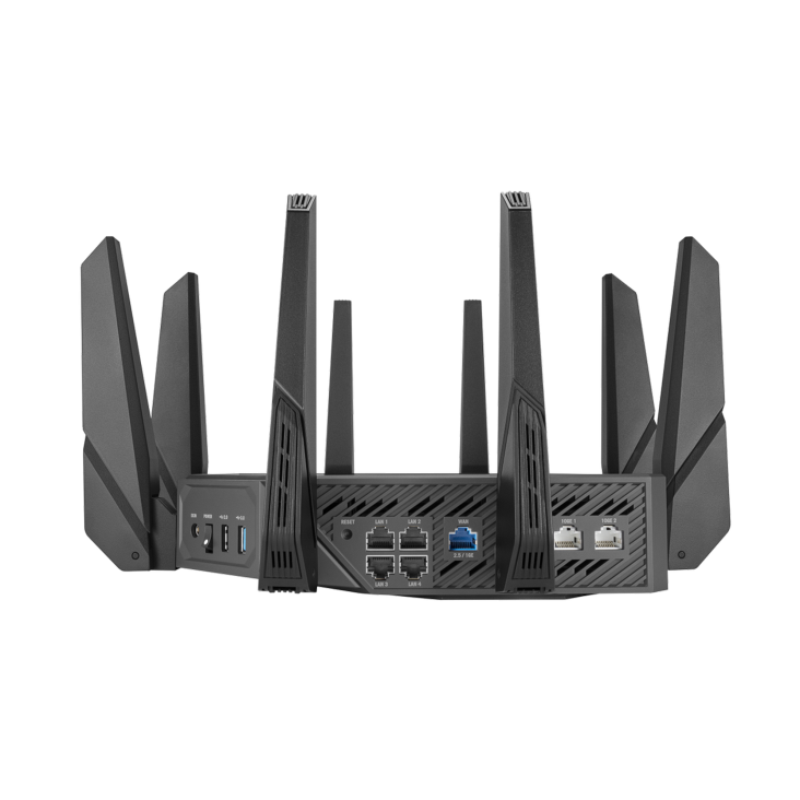 ASUS ROG Rapture GT-AXE16000 box showing quad-band WiFi 6E speeds up to 16000 Mbps and AiMesh features