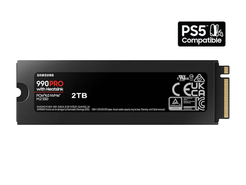Thumbnail: Rear view of Samsung 990 PRO 2TB NVMe SSD with Heatsink – technical label and PS5 compatibility logo.