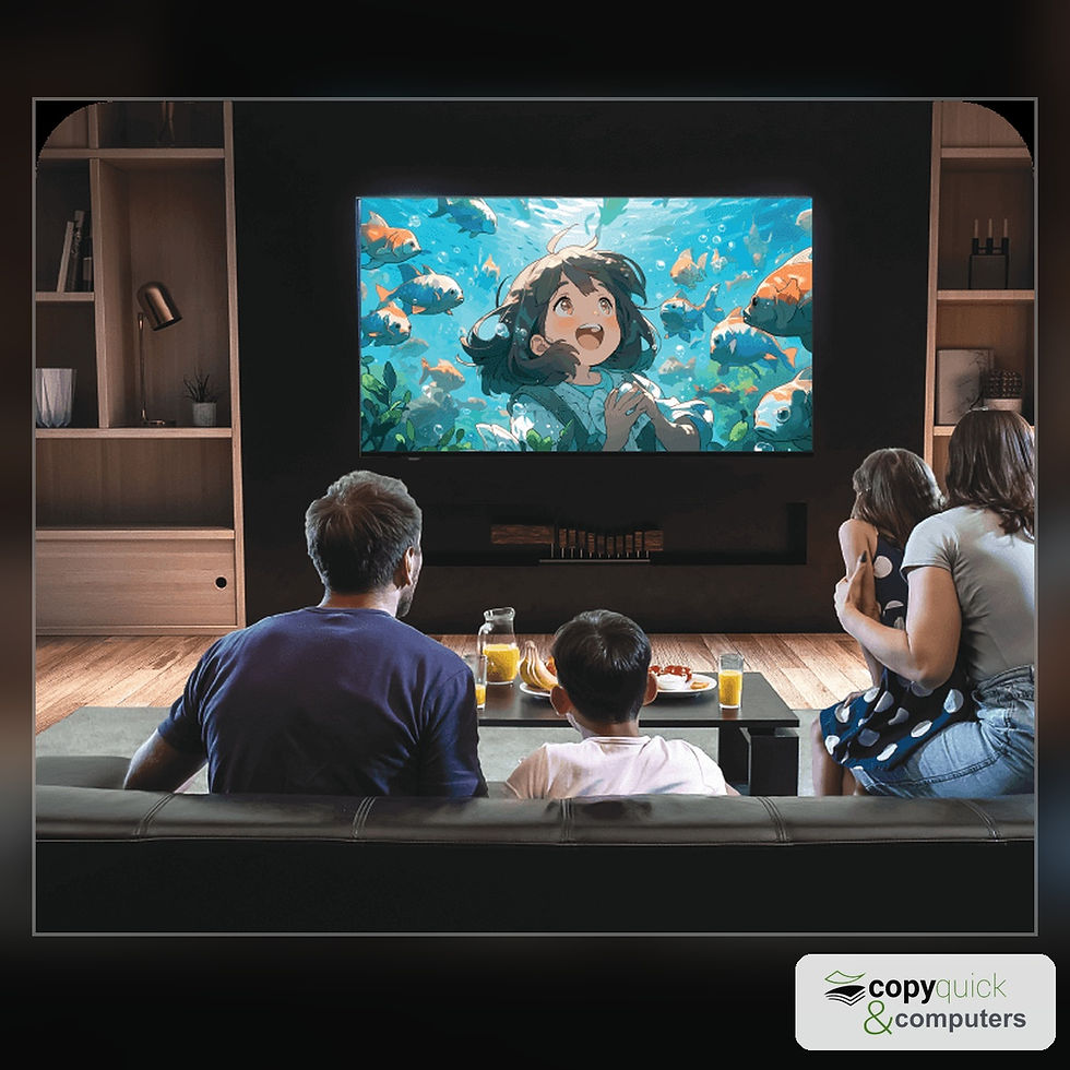 Miniature : Family watching a movie on a SHARP AQUOS 98-inch 4K QLED television in a modern living room.