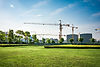 Construction cranes over a city park with buildings