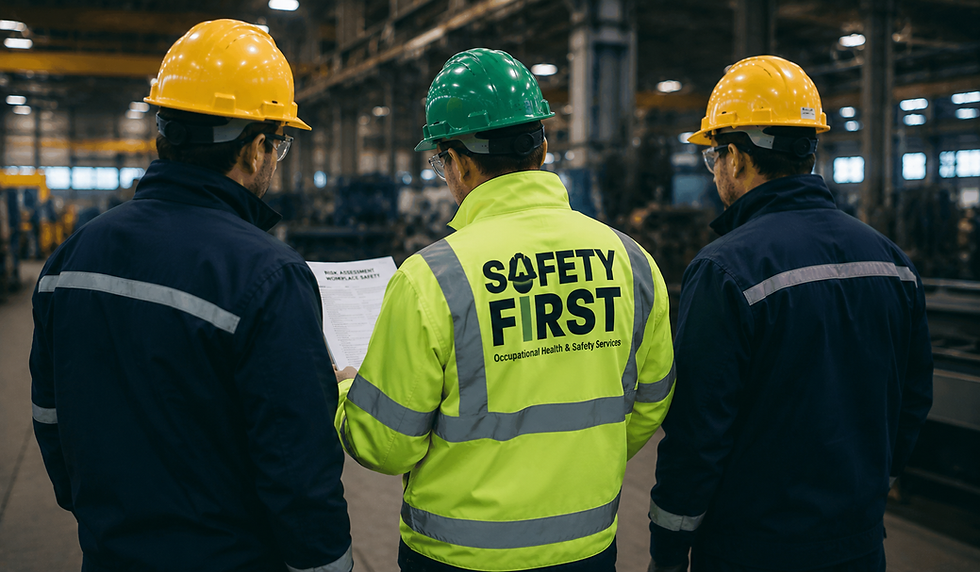 Three occupational health and safety specialists reviewing documents