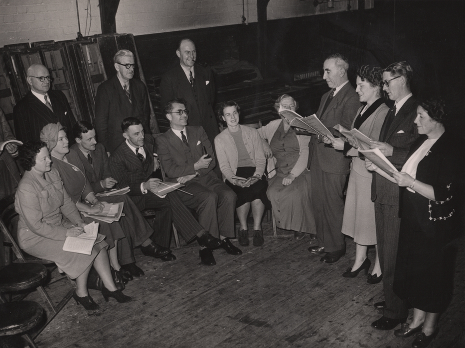 Historical photograph from 1952 of a read through rehearsal for ROS Musical Theatre's (Ruislip Operatic Society) production of Love At The Inn