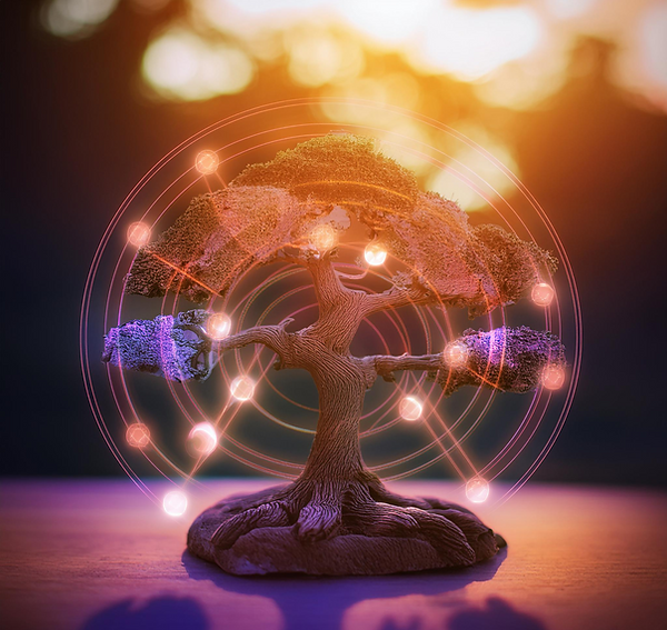 Photo représentant des points de connexions sur un arbre représentant les connexions effectuées lors d'une séance de constellation familiales