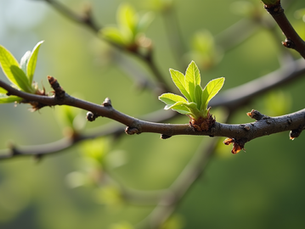 Close-up of a tree branch with fresh green leaves and buds against a soft-focus green background, creating a serene and spring-like mood.