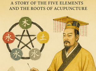 Portrait of an ancient Chinese scholar with the Five Elements (Wu Xing) diagram symbolizing wood, fire, earth, metal, and water alongside him.