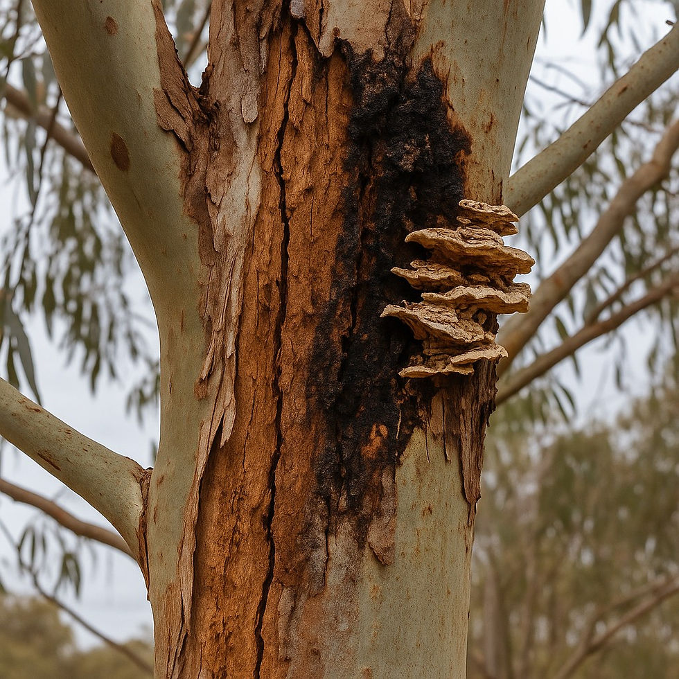Mushrooms grow on a tree trunk with peeling bark and blackened areas. The background features blurred foliage in a natural setting.