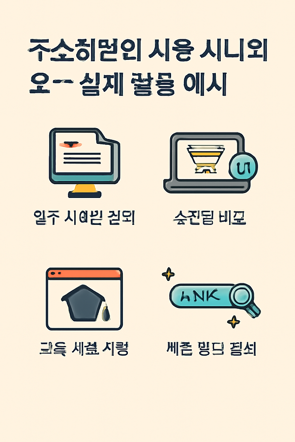 “주소허브의 다양한 사용 시나리오를 설명하는 인포그래픽으로,
4가지 주요 사용 예시를 아이콘과 함께 시각적으로 표현.
'업무 사이트 관리', '쇼핑몰 비교', '교육 자료 저장', '빠른 링크 검색'의 설명과 함께
각각의 상황에서 주소허브를 활용하는 방식이 나타나 있는 이미지.”