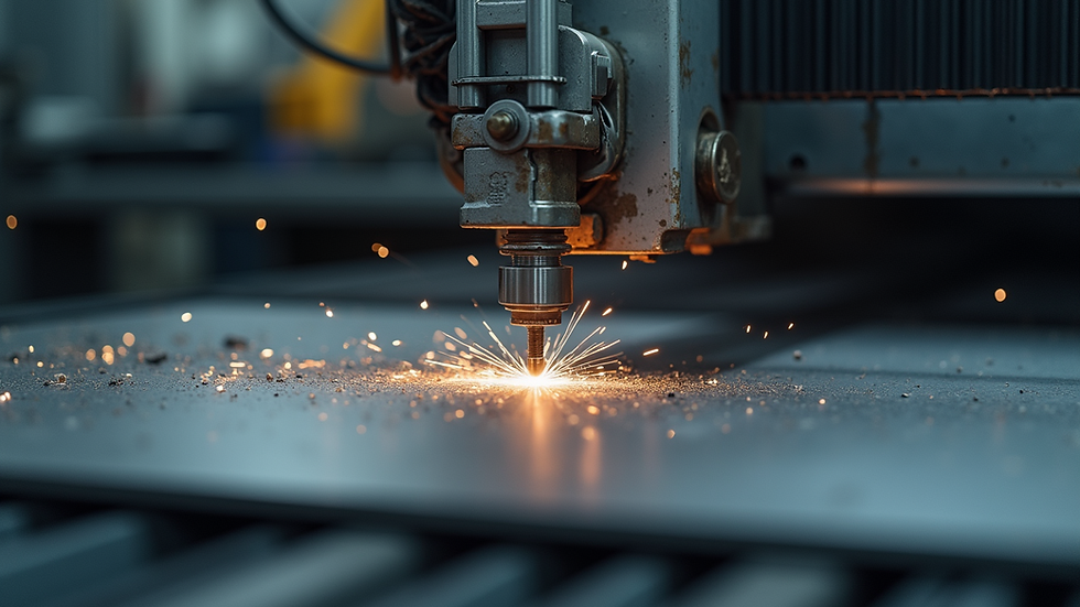 Close-up view of a CNC machine cutting metal sheet in a fabrication shop