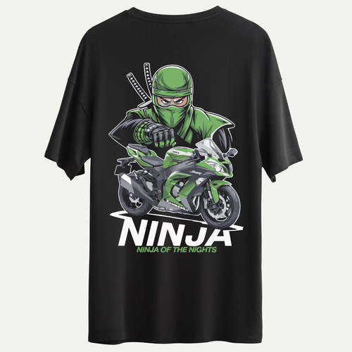 Kawasaki Ninja ZX-10R Baskılı Oversize Siyah T-Shirt Göğüs ve Sırt