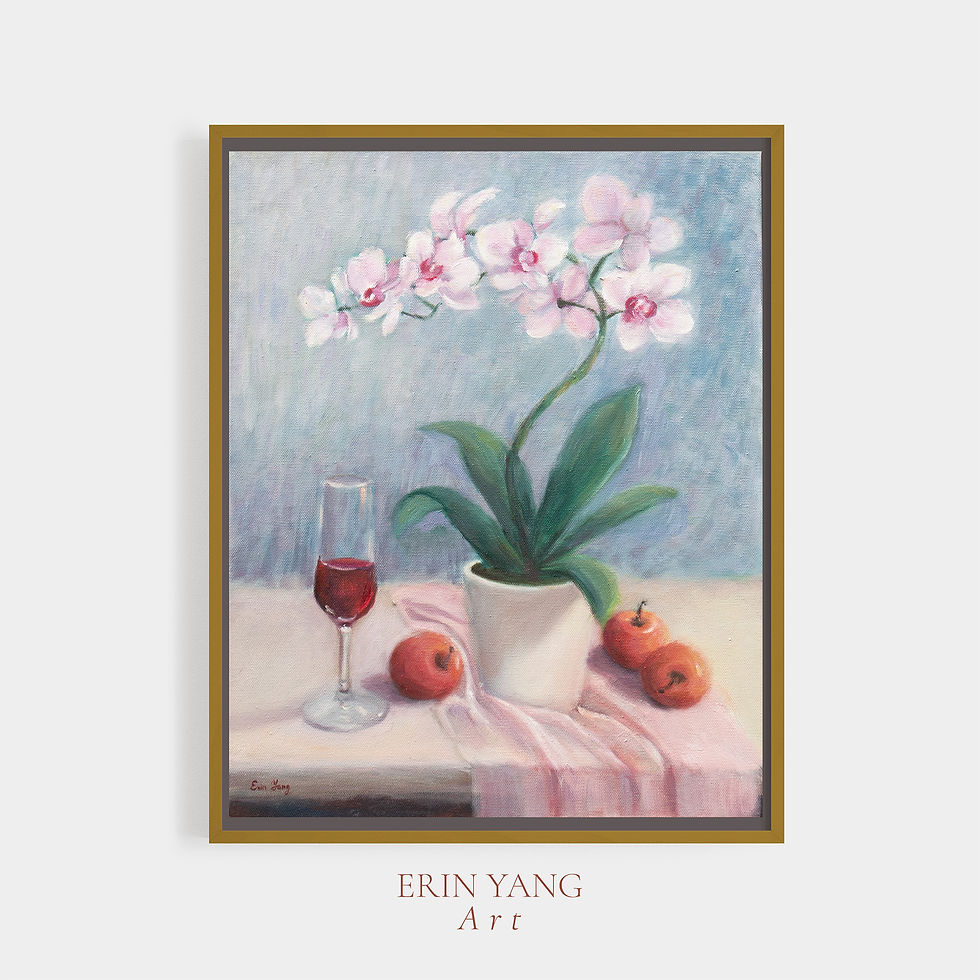 Thumbnail: Pink orchid still life oil painting by Erin Yang, featuring a wine glass and fruit on a table, impressionist style, oil on ca