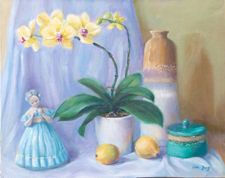 Poetic realism painting featuring a delicate yellow orchid and a small blue porcelain doll figurine.