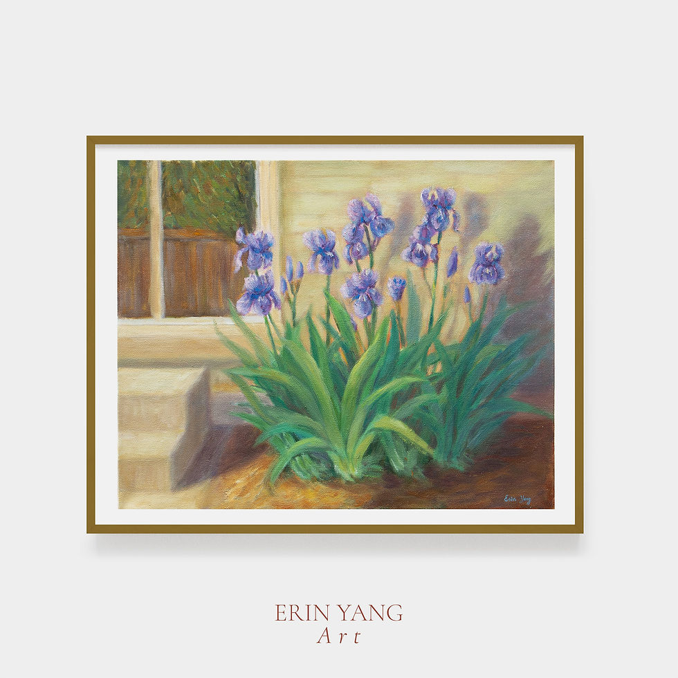 Purple iris fine art print by Erin Yang, impressionist garden painting with soft natural light