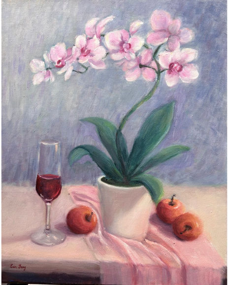 Intimate oil painting of a pink orchid beside a glass of red wine and apples on a wooden table.