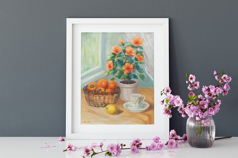 Autumnal still life painting with orange flowers in a pot, a basket of persimmons, a lemon, and a teacup by a window.
