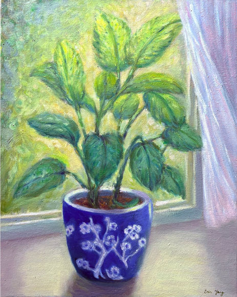 A serene still life oil painting of a potted green plant sitting on a sunny windowsill.