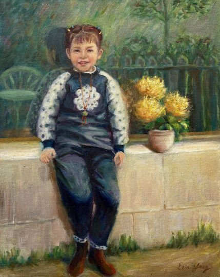 Original oil painting "Girl with Yellow Chrysanthemums" by Toronto artist Erin Yang, featuring a girl in a quiet autumn garden with vibrant yellow flowers.