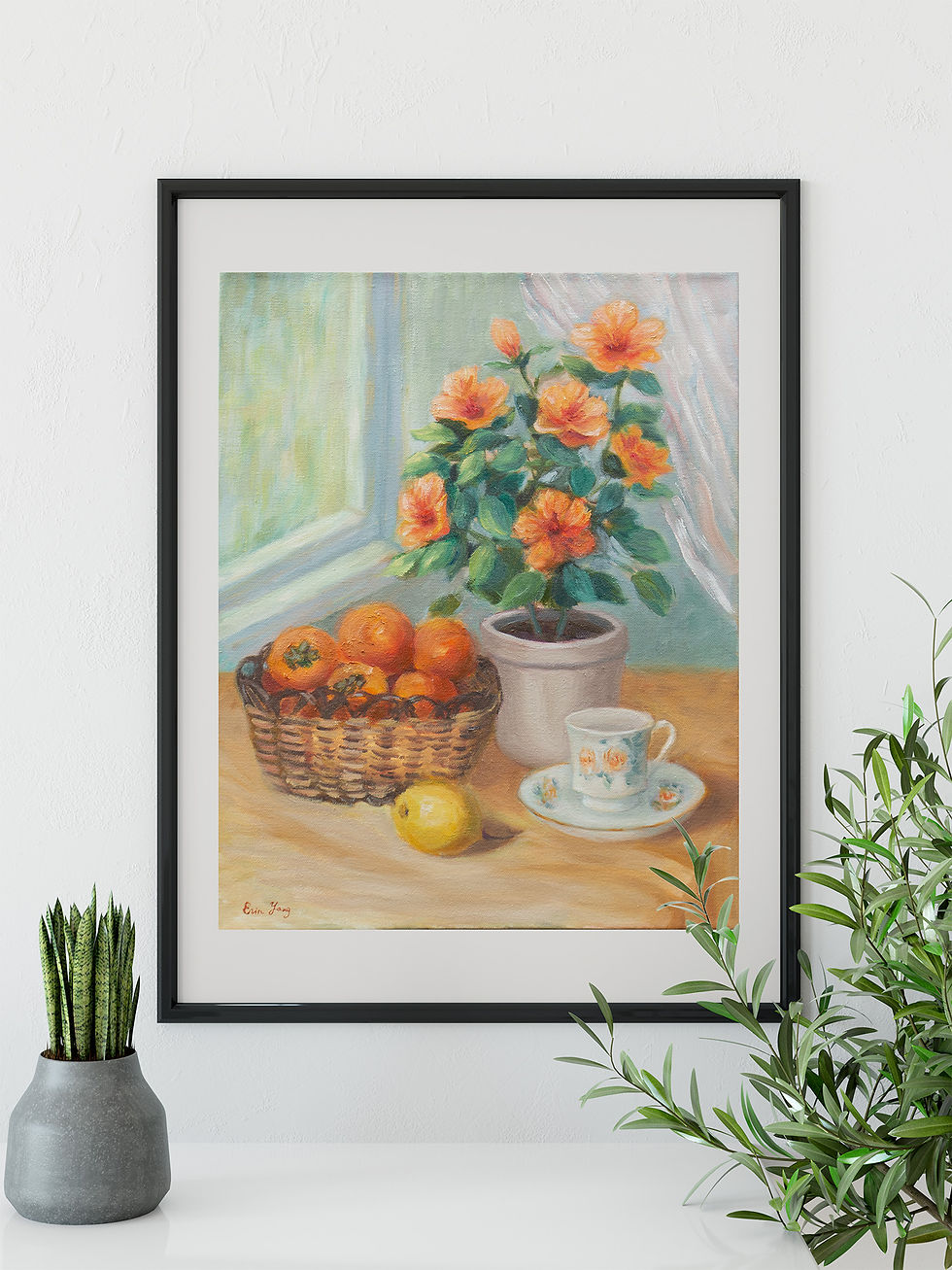 Thumbnail: Autumnal still life painting with orange flowers in a pot, a basket of persimmons, a lemon, and a teacup by a window.