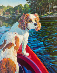 Beautiful impressionist painting of brown and white Cavalier King Charles dog posing on the bow of a bright red kayak on a beautiful Witches Lake, CT  https://www.petimpressionist.com


