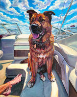 Painting of a Chow/Rottweiler mix dog enjoying a summer afternoon with his owner on their boat at Chicago's Monroe/DuSable Harbor