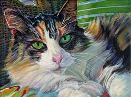 Painting of a close-up of a calico cat lounging on a wicker chair