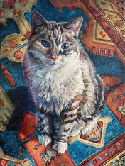 Portrait painting of a Persian cat mix on a colorful designer rug. #petimpressionist #persiancatpainting #catpainting