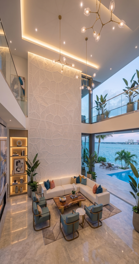 Backlit 3D sculptural relief wall in solid surface — custom architectural feature by Rilievo, designed by Philip Shikhess Miami House , FL
