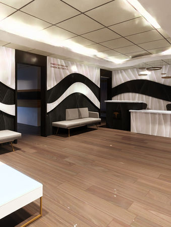 Completed Rilievo feature wall and reception area in Dakka Aesthetics Clinic Michigan with sculptural 3D surfaces and integrated lighting design and 3d render