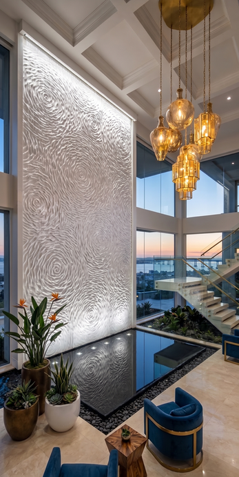 Backlit 3D sculptural relief wall in solid surface — custom architectural feature by Rilievo, designed by Philip Shikhess Luxury House California
