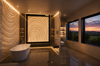 CNC fabrication process for Rilievo architectural relief surfaces in solid acrylic material — designed by Philip Shikhess
House in Michigan , Master Bathroom 