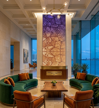 Cellular Genesis - A contemporary interpretation of Lord Ganesha transformed into a stunning illuminated architectural artwork. This bespoke circular wall installation combines sacred symbolism, intricate carving, warm backlighting, and luxury millwork to create a powerful focal point for high-end residences, meditation rooms, wellness spaces, temples, and hospitality interiors. Designed by Philip Shikhess, this statement piece merges spiritual artistry with modern interior design.