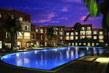 Modern hospitality design with beachfront view and buildings