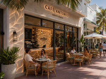 Custom illuminated CNC relief wall and bar front at Antonio Café South Beach featuring organic textured architectural panels with integrated LED lighting.