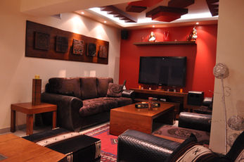 Hospitality space with decorative walls and cozy seating