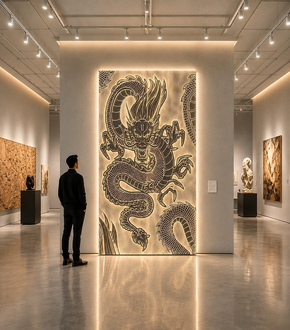 Contemporary dragon wall sculpture illuminated with soft backlighting and detailed relief carving inspired by mythological symbolism.
