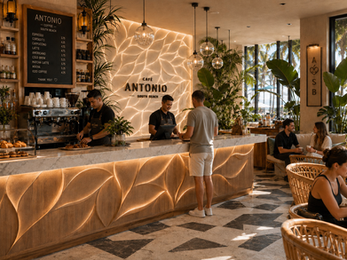 Custom illuminated CNC relief wall and bar front at Antonio Café South Beach featuring organic textured architectural panels with integrated LED lighting.
