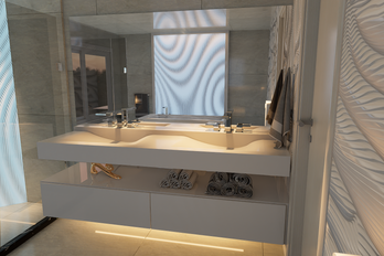 Modern vanity design with Rilievo wall background , custom made vanity with integrated light , night shot