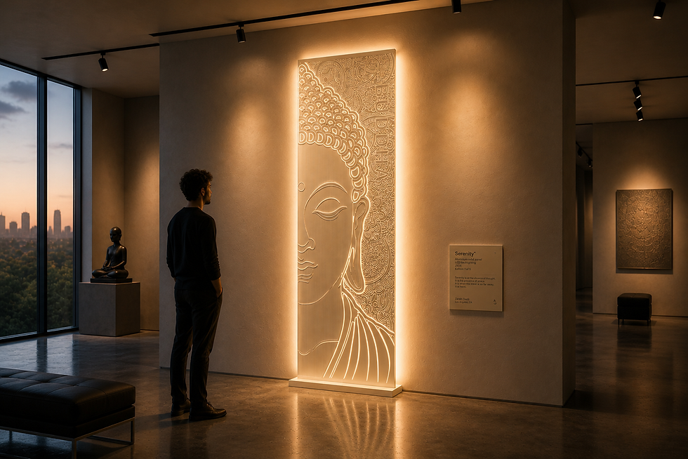 Large illuminated sculptural wall artwork featuring a human silhouette emerging through flowing contour geometry and blue backlit architectural lighting By Philip Shikhess - Rilievo