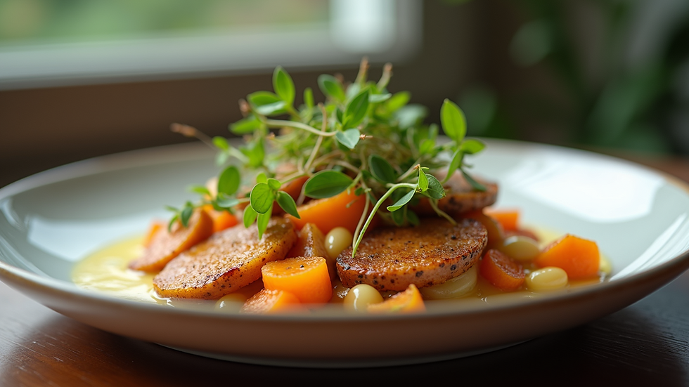 Close-up view of a gourmet plated dish with vibrant colors and fresh herbs