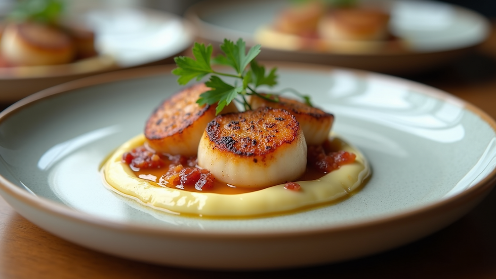 Eye-level view of a plated seared scallops dish with creamy purée and crispy pancetta