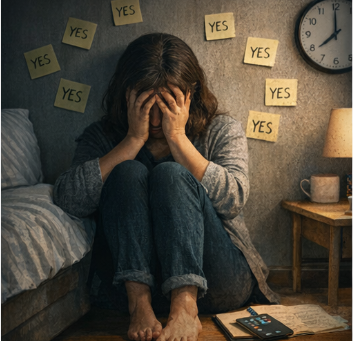 Woman sitting on bedroom floor surrounded by sticky notes saying "yes", illustrating people-pleasing burnout, emotional exhaustion, and overwhelm.