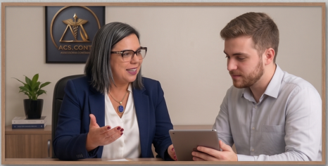 Consultoria fiscal: Mulher e homem discutem olhando tablet.