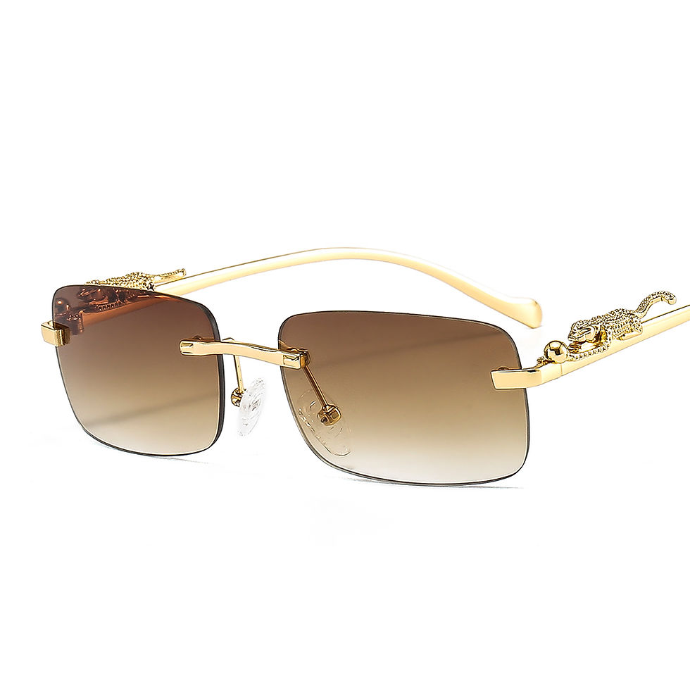 Thumbnail: Small Cuttle Fish square rimless sunglasses with gold cheetah arms.