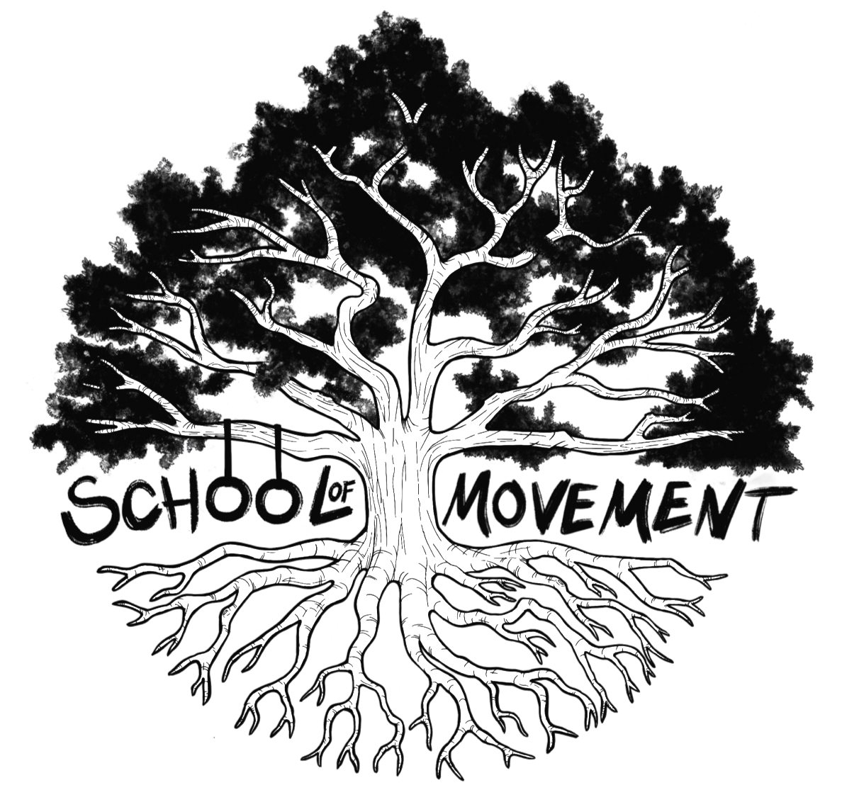 Das ist das Logo der school of Movement. Es zeigt eine Baum an dem Turn Ringe hängen. Außerdem zeigt es den Schriftzug School of Movement.