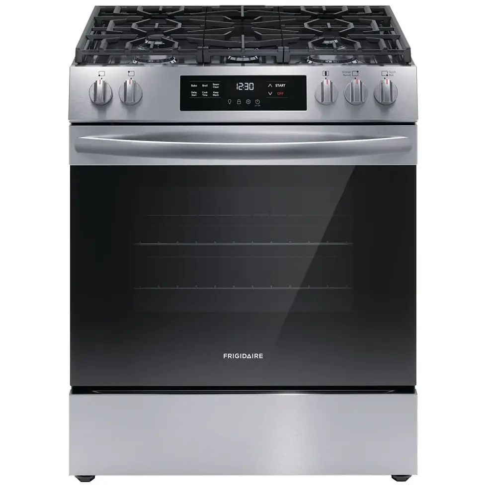 Frigidaire FCFG3062AS Gas Range, 30 inch Exterior Width, Self Clean, 5 Burners.