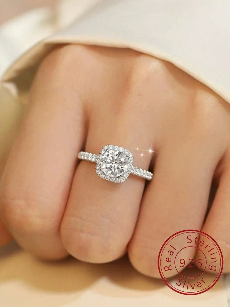 925 Sterling silver Zircon Fashion Classic Gypsophila Square Ring For Women Enga