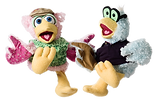 two bird puppets laughing together in an interactive puppet show for children