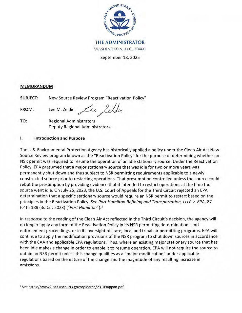 Administrator's 9/18/2025 memo on Reactivation Policy